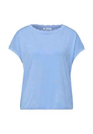Blouse bleu clair à manches courtes avec encolure ronde festonnée et ourlet élastique, de la marque Street One.