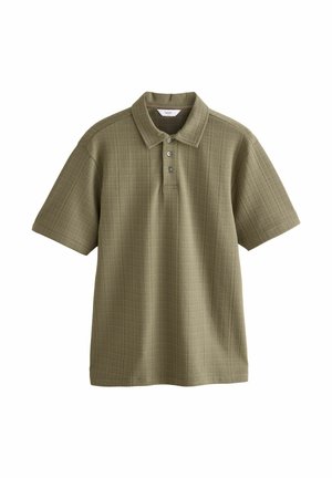 Oliivroheline lühikeste varrukatega polo särk tekstureeritud ruudumustriga, klassikaline krae ja kolm nööpi kaela piirkonnas.