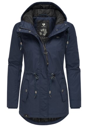 Navy blue hooded jacket with drawstrings, front pockets, and ribbed cuffs. Features a zip closure and a textured inner lining.