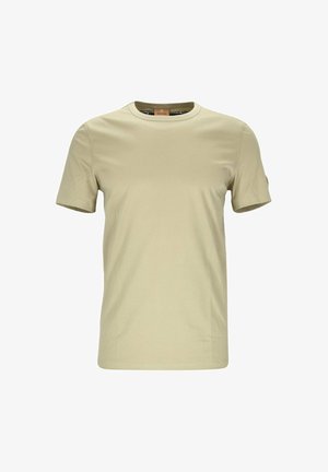 Beige short-sleeve t-shirt made of soft cotton, featuring a round neckline and a subtle logo patch on the sleeve. Smooth texture and simple design.