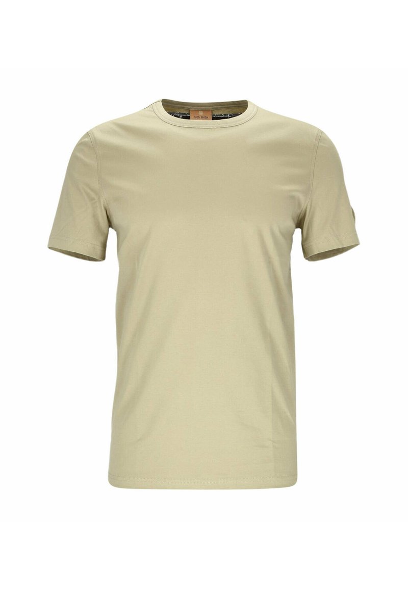 Beige short-sleeve t-shirt made of soft cotton, featuring a round neckline and a subtle logo patch on the sleeve. Smooth texture and simple design.