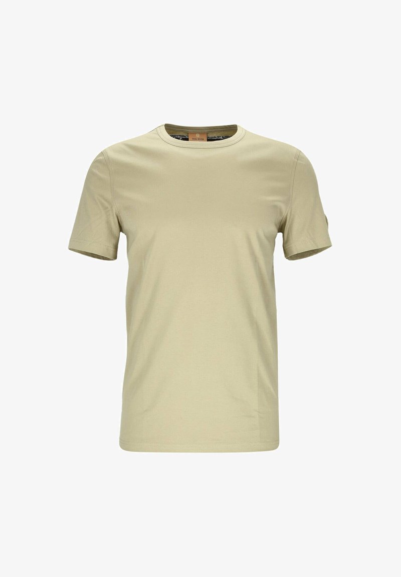 Beige short-sleeve t-shirt made of soft cotton, featuring a round neckline and a subtle logo patch on the sleeve. Smooth texture and simple design.