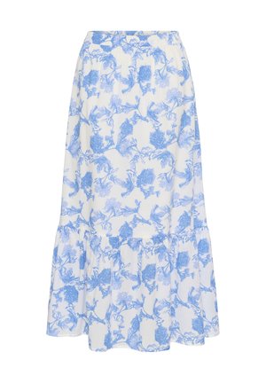 Kwiatowa spódnica midi w kolorze białym i jasnoniebieskim, z warstwowym designem, falbanastym dołem oraz elastycznym pasem. Wykonana z lekkiego materiału.