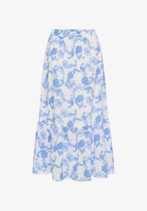 Fustă midi florală în alb și albastru deschis, cu un design stratificat, umeri volanți și talie elastică. Fabricată dintr-un material ușor.