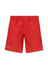 Pantaloni da bagno rossi con elastico in vita, cuciture bianche a contrasto e un piccolo logo sul lato sinistro in basso. Tessuto con superficie liscia.