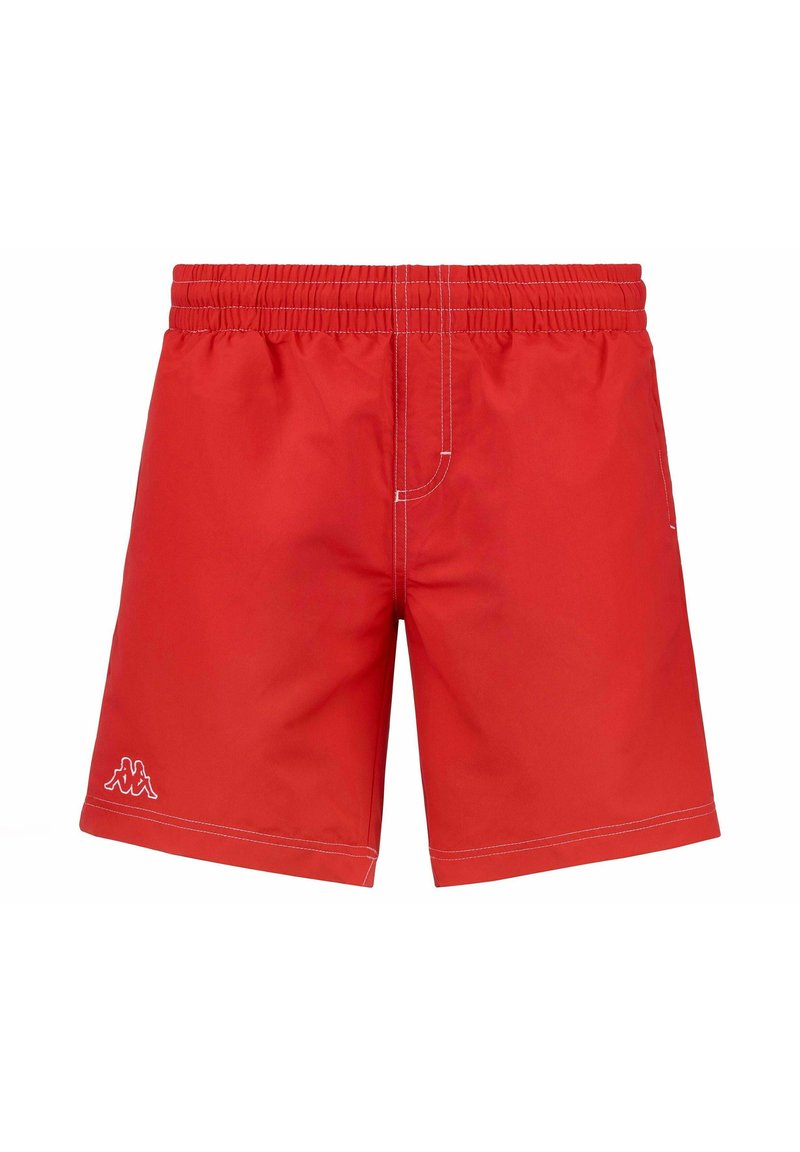 Pantaloni da bagno rossi con elastico in vita, cuciture bianche a contrasto e un piccolo logo sul lato sinistro in basso. Tessuto con superficie liscia.