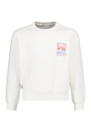 Witte crewneck-trui met berg- en zonafbeelding en de tekst "Montana Adventure is Calling" op de linkerborst.