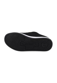 Black sneaker outsole with textured grip pattern, white midsole stripe, and DC Shoes logo near heel.