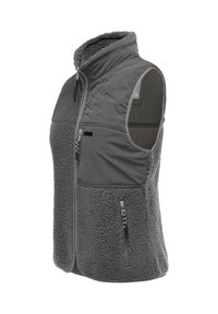 Grå quiltet vest med fleece nederst, høy krage, glidelåslommer og kontrasterende tekstil. Designet for kaldt vær.