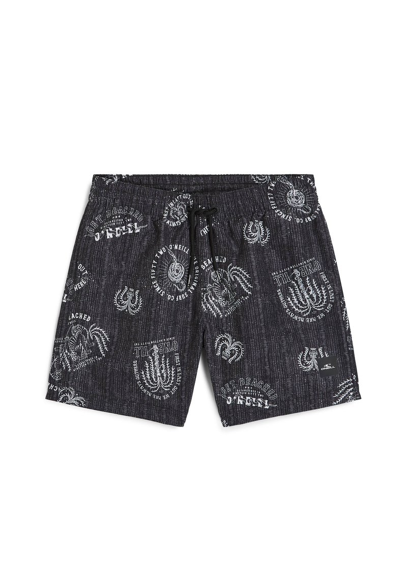 Pantaloni da nuoto neri con un motivo testurizzato che presenta grafiche e testi bianchi. Vita elasticizzata con cordino; tasche laterali visibili.
