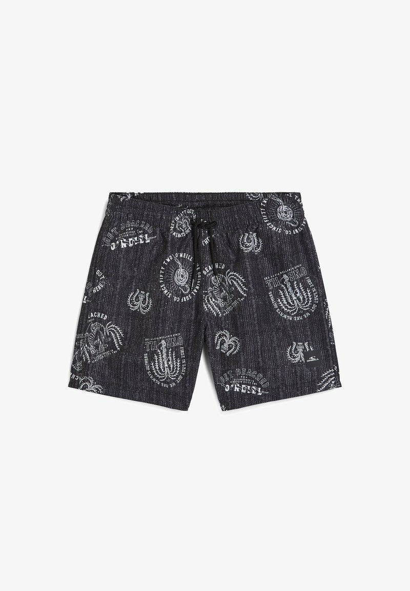 Pantaloni da nuoto neri con un motivo testurizzato che presenta grafiche e testi bianchi. Vita elasticizzata con cordino; tasche laterali visibili.
