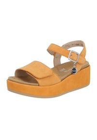 Orange suede wedge sandals with an adjustable ankle strap, a broad toe strap, and a silver buckle detail. Soft insole with a platform base.