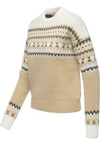Beżowy sweter z dzianiny z białym kołnierzykiem i rękawami. Posiada geometryczny wzór w czerni i kremie na klatce piersiowej i rękawach. Miękka faktura.