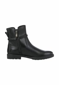 Bottine en cuir noir avec fermeture éclair sur le côté, design structuré, bout rond et semelle texturée pour l'adhérence. Accentuée d'une sangle décorative.