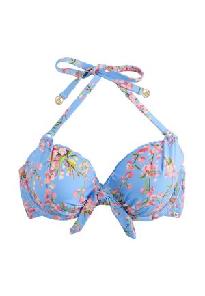 Blaues Bikinioberteil mit floralem Muster, rosa und grünen Blüten, gepolsterten Körbchen, Neckholder zum Binden und Knoten vorne.