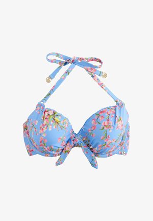 Blaues Bikinioberteil mit floralem Muster, rosa und grünen Blüten, gepolsterten Körbchen, Neckholder zum Binden und Knoten vorne.