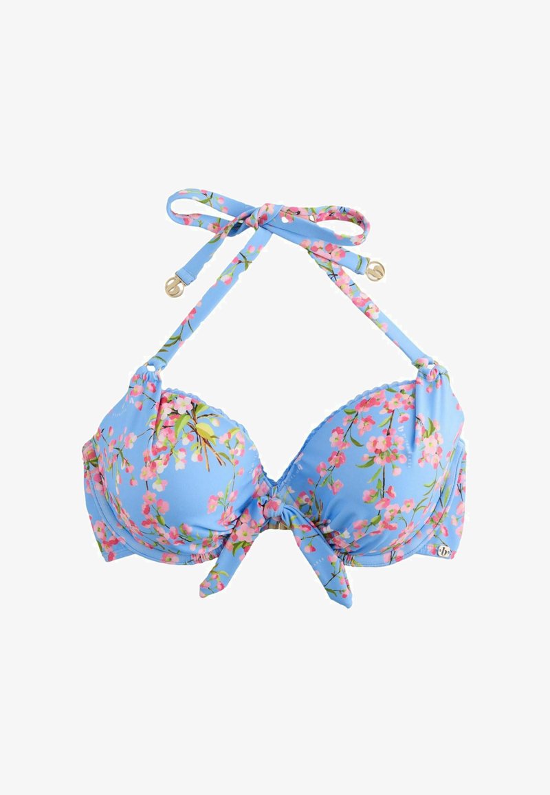Modrý kvetinový horný diel plaviek s ružovými a zelenými kvietkami, vypchávkami, viazaním za krk a detailom uzla vpredu.