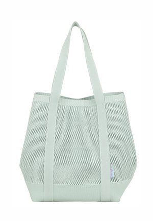 Light green mesh tote bag with two long handles and a small white tag on the lower side, shown against a white background.