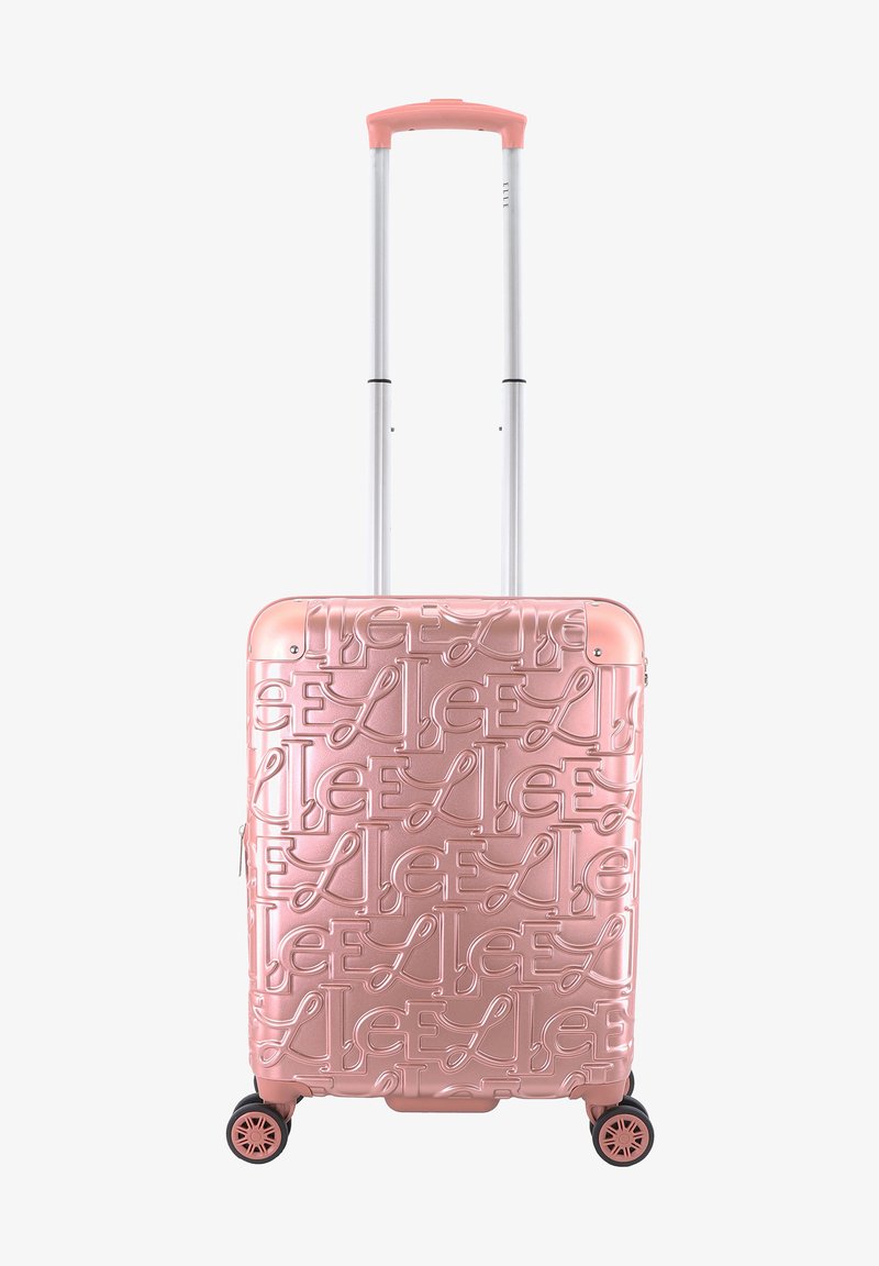 Hard-shell suitcase in metallic rose color, featuring embossed lettering pattern, lightweight design, retractable handle, and spinner wheels.