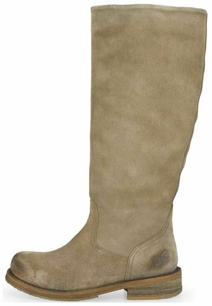 Beige suede laarzen tot de knie met een ronde neus en een gemarmerde afwerking. Bruine houten hak, met subtiele logo-details nabij de enkel.