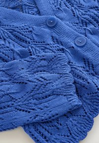 Blauwe gebreide cardigan met een gestructureerd patroon, twee ronde knopen en een open geweven ontwerp. Zacht materiaal met een lichte feel.