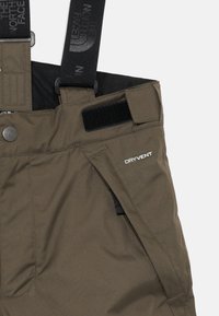 Rudos vandeniui atsparūs kelnių su reguliuojamu Velcro juosmeniu, juodos petnešos su „The North Face“ logotipu ir „DRYVENT“ etiketė priekyje.