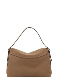 Brown suede handbag with a curved design, a single handle, and stitched detailing on the top. Features minimal hardware accents.