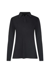 Zwarte lange mouwen polo met een ribbelstructuur, voorzien van een kraag en een drieknoopsluiting. Klassieke pasvorm en effen kleur.