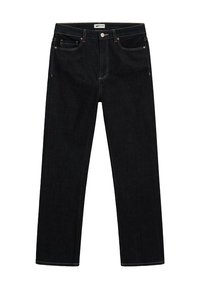 Jeans in denim scuro con un taglio dritto, caratterizzati da un design a cinque tasche, cuciture tono su tono e chiusura anteriore con bottone.