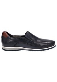 Marineblaue Leder-Pantoletten mit braunen Lederakzenten, weißer und marineblauer Sohle, gen�ähten Details und strukturiertem Futter.