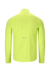 Veste jaune fluorescent à manches longues vue de dos avec une petite bande réfléchissante horizontale au milieu du haut du dos.