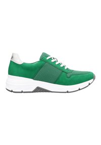 Green sneakers with mesh and suede materials, white laces, and a metallic silver heel accent. Thick white sole with grey detailing.