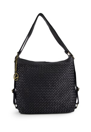 Black woven leather handbag with a single strap and adjustable shoulder strap. Features gold hardware and a hanging charm. Textured surface.