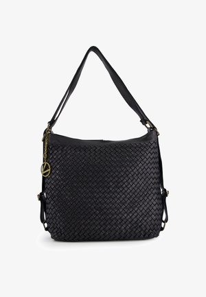 Black woven leather handbag with a single strap and adjustable shoulder strap. Features gold hardware and a hanging charm. Textured surface.