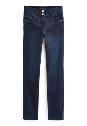 Dunkelblaue Jeans aus Denim im Slim-Fit, mit einer mittelhohen Taille, zwei vorderen Taschen und zwei hinteren Taschen. Metallknopf und Nieten.