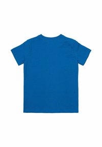 Īsām piedurknēm T-kreklā solidā zilā krāsā, izgatavots no kokvilnas. Tam ir klasiskā apaļā kakla izgriezuma forma un gluda, vienmērīga tekstūra. Parādīta aizmugurējā skata.