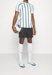 Fotbalový dres Nike se pruhy v bílé, tyrkysové a černé barvě, doplněný černými šortkami, bílými ponožkami a barevnými fotbalovými botami. Hráč drží fotbal.