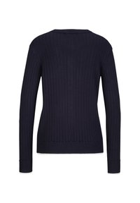 Marineblauer gerippter Pullover mit rundem Halsausschnitt und langen Ärmeln. Verfügt über ein strukturiertes Muster und einfarbiges Design.