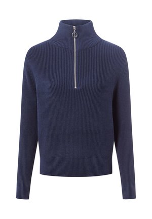 Granatowy sweter dzianinowy z wysokim kołnierzem i zamek błyskawiczny na pół, z prążkowaną teksturą i długimi rękawami.