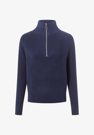 Pullover in maglia blu navy con colletto alto e chiusura lampo frontale a metà, caratterizzato da una trama a costine e maniche lunghe.