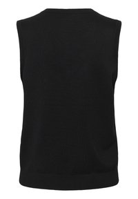 Top en tricot noir sans manches avec un col rond, présentant une texture lisse et un ourlet qui se situe juste au-dessus de la taille.