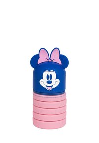 Trousse en forme de Minnie Mouse avec un dessus bleu comportant un visage souriant et un nœud rose, sections empilées roses à la base, fabriquée en silicone.