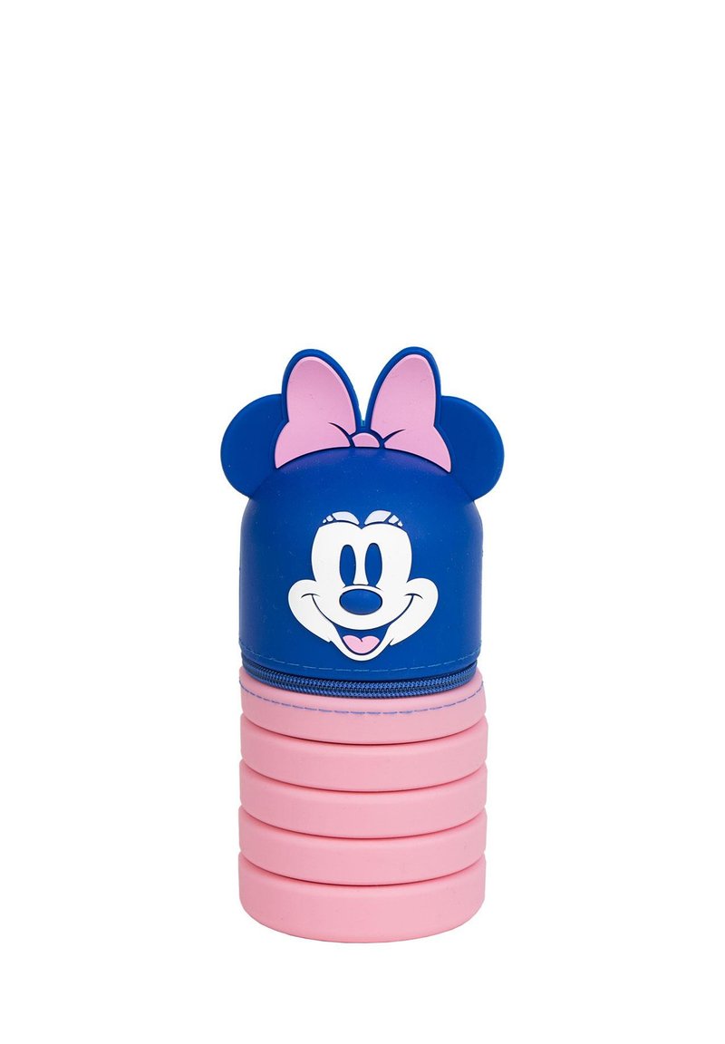 Trousse en forme de Minnie Mouse avec un dessus bleu comportant un visage souriant et un nœud rose, sections empilées roses à la base, fabriquée en silicone.