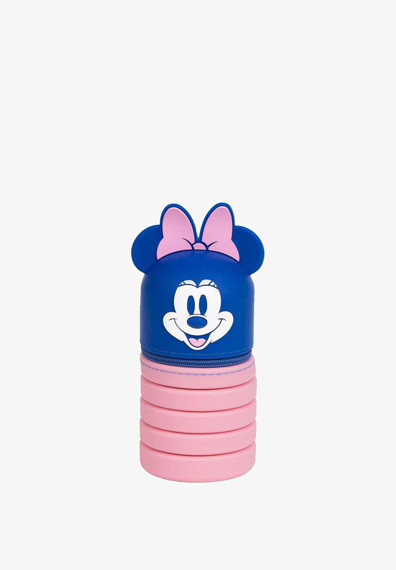 Trousse en forme de Minnie Mouse avec un dessus bleu comportant un visage souriant et un nœud rose, sections empilées roses à la base, fabriquée en silicone.