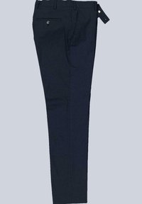 Navy blue trousers made of smooth fabric, featuring a straight leg design, a button on the back pocket, and a loop on the waistband.