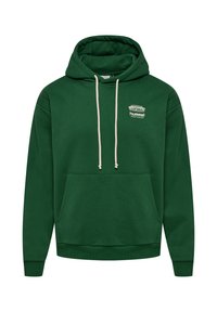 Green hoodie made of cotton blend, featuring a front pocket, beige drawstrings, and a white logo on the chest. Relaxed fit and ribbed cuffs.