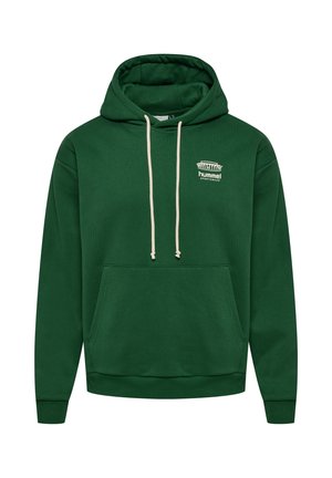 Hoodie vert en mélange de coton, avec une poche avant, des cordons beiges et un logo blanc sur la poitrine. Coupe décontractée et poignets côtelés.