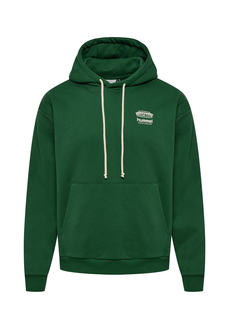 Sudadera verde hecha de una mezcla de algodón, que cuenta con un bolsillo frontal, cordones beige y un logo blanco en el pecho. Corte relajado y puños acanalados.