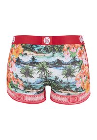 Boxers pour hommes avec ceinture rouge, imprimé paysager tropical comprenant des palmiers, l'océan, des montagnes, ainsi que des fleurs d'hibiscus orange et rose.