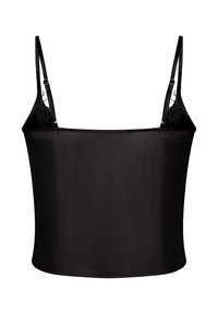 Czarna satynowa koszulka na ramiączkach z regulowanymi cienkimi paskami i gładkim wykończeniem. Elegancki, dopasowany fason z subtelną teksturą. Bez wzorów ani zdobień.